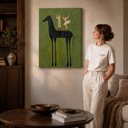 Whimsical black horse canvas wall art gallery wrapped option displayed without a decorative frame beside a standing woman.