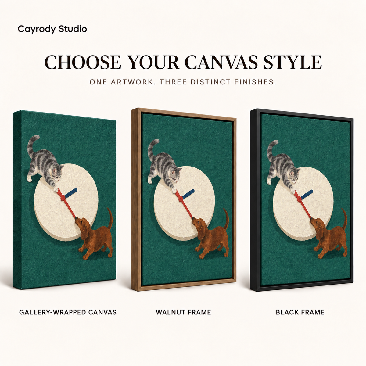 Cat and dachshund canvas wall art shown in gallery-wrapped, walnut-framed, and black-framed finish options.