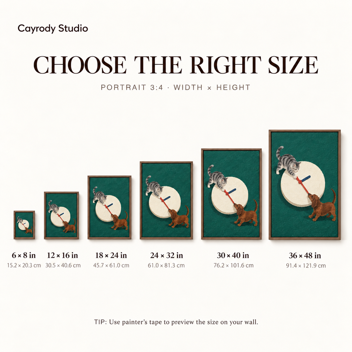 Cat and dachshund canvas wall art size guide comparing six portrait sizes from six to thirty-six inches wide.