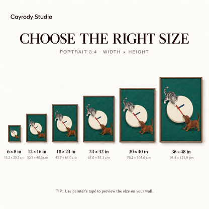 Cat and dachshund canvas wall art size guide comparing six portrait sizes from six to thirty-six inches wide.
