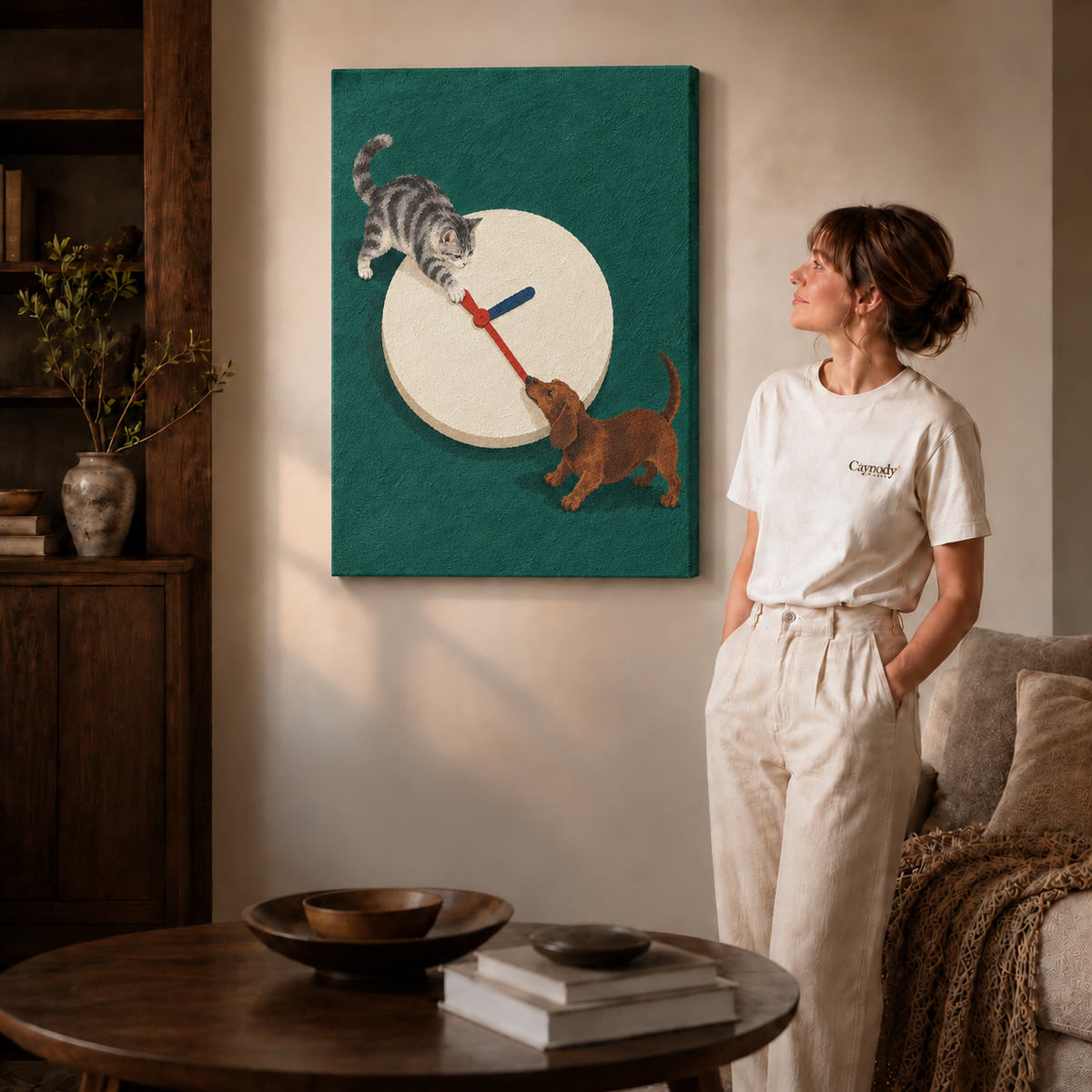 Gallery-wrapped cat and dachshund canvas wall art showing teal canvas edges in a softly lit room.