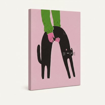Gallery-wrapped canvas side view of bold black cat illustration on dusty pink background