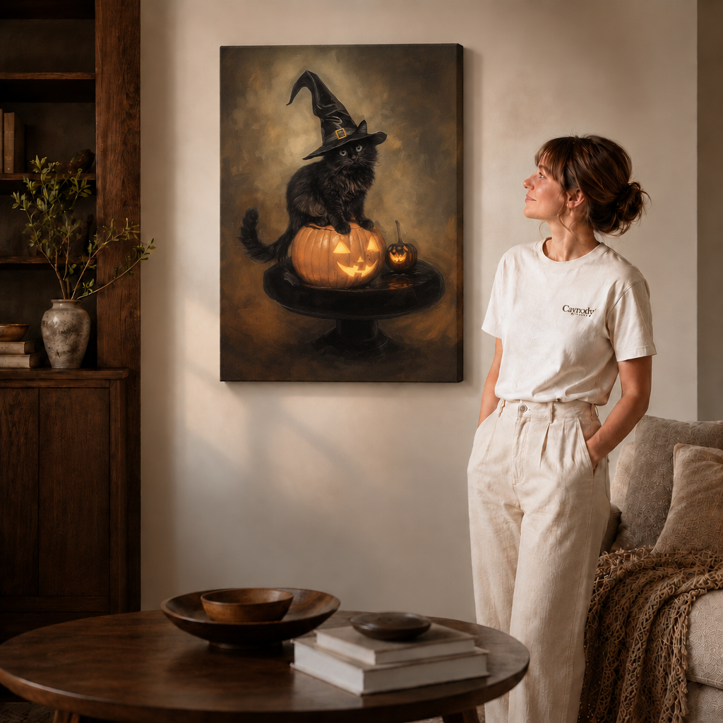 Walnut framed Halloween black cat artwork displayed above a console beside a seated man