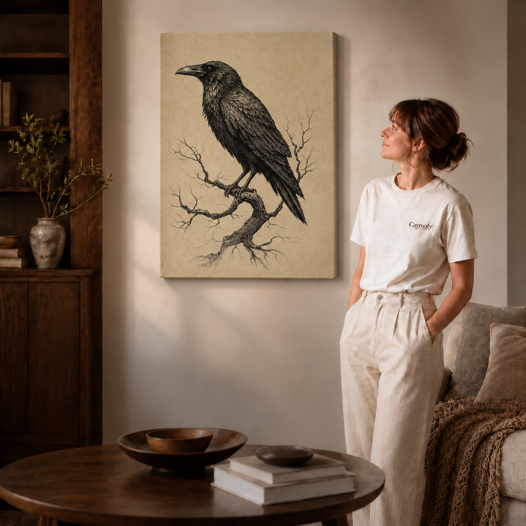 Gallery-wrapped raven canvas wall art beside a woman in white and a round living room table.