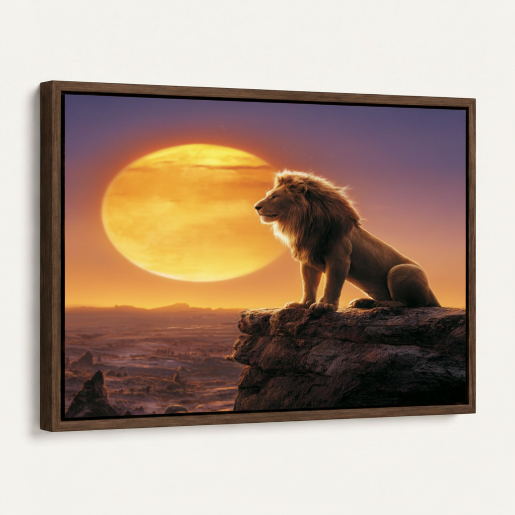 Angled side view of framed lion sunset canvas showing dark walnut frame depth and golden artwork