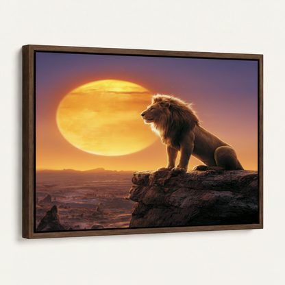 Angled side view of framed lion sunset canvas showing dark walnut frame depth and golden artwork