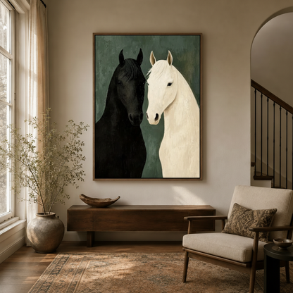 Black and white horse canvas print in walnut float frame above console table in warm neutral entryway