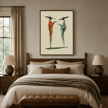 Rust and sage abstract figure canvas print centered above wooden bed in warm neutral master bedroom