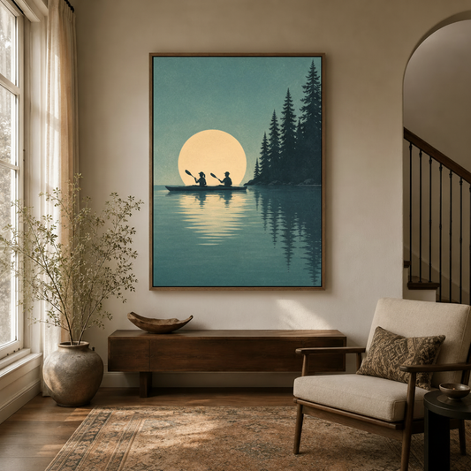 Couple kayaking moon lake minimalist canvas wall art in walnut frame above console table in warm neutral entryway