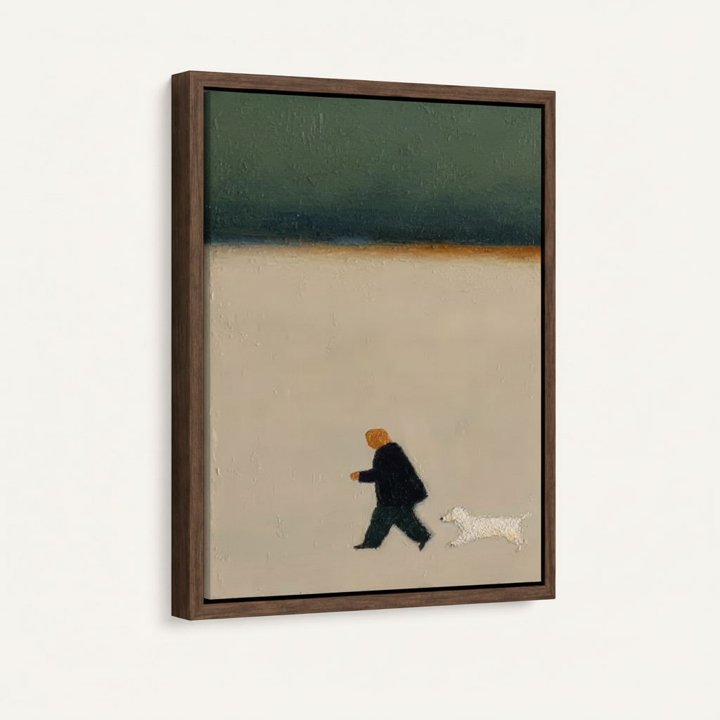 Angled close-up of man walking dog canvas in walnut float frame showing teal sky and cream landscape detail