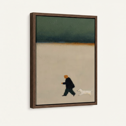Angled close-up of man walking dog canvas in walnut float frame showing teal sky and cream landscape detail