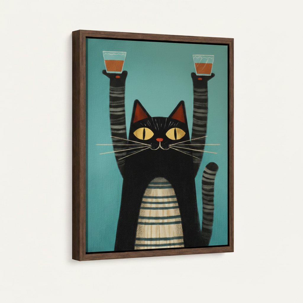 Framed canvas close-up of retro black cat toasting with two glasses on teal blue background