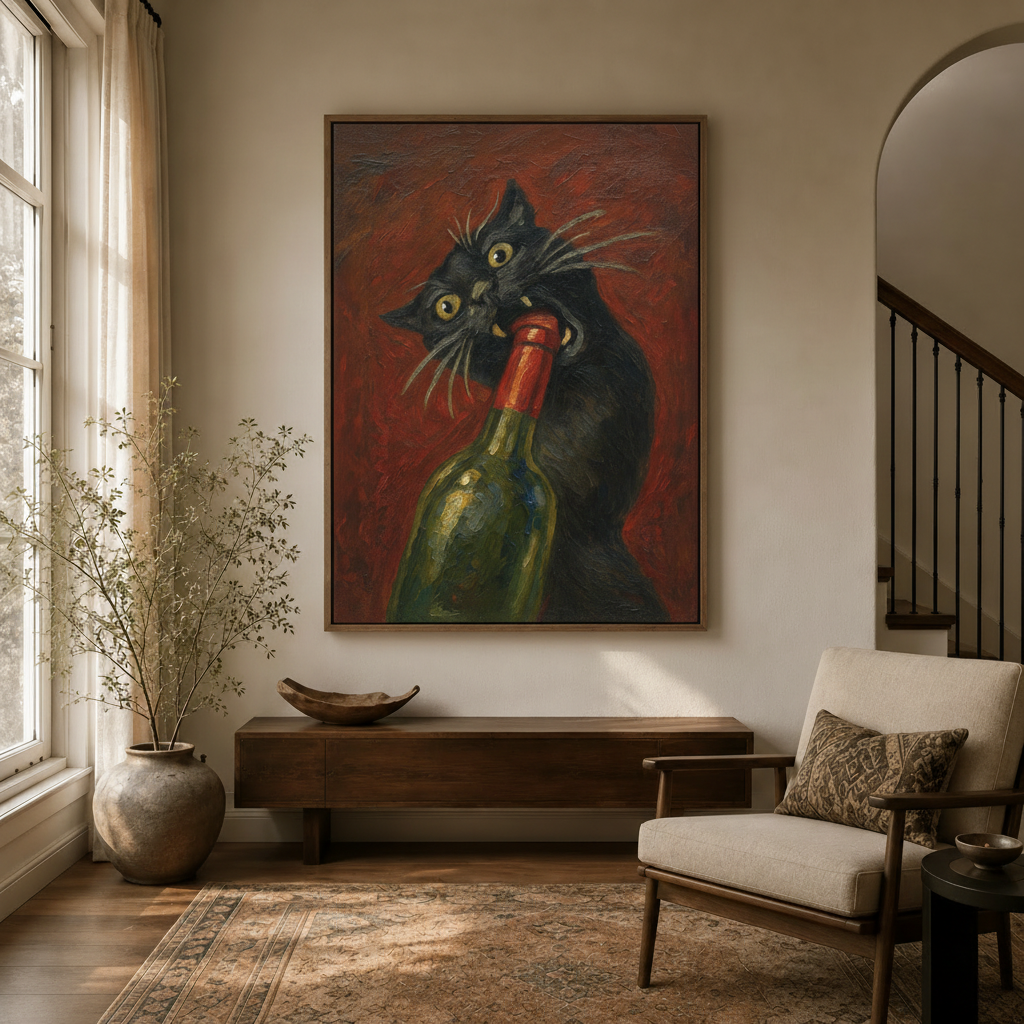 Funny black cat biting wine bottle oil painting canvas hung large in warm neutral entryway