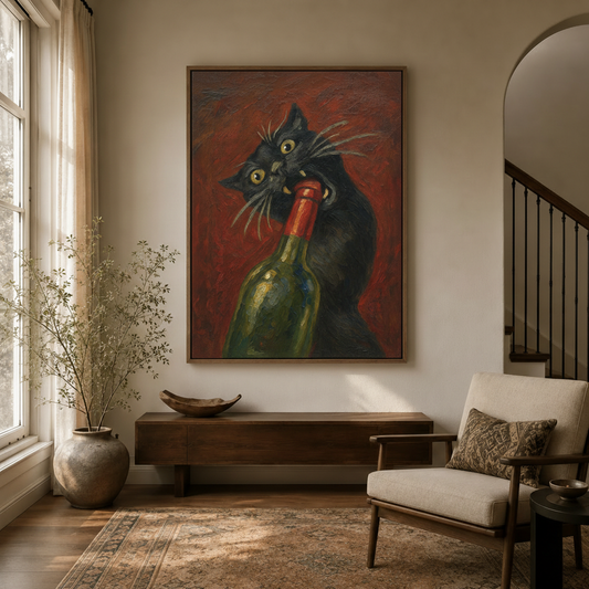 Funny black cat biting wine bottle oil painting canvas hung large in warm neutral entryway
