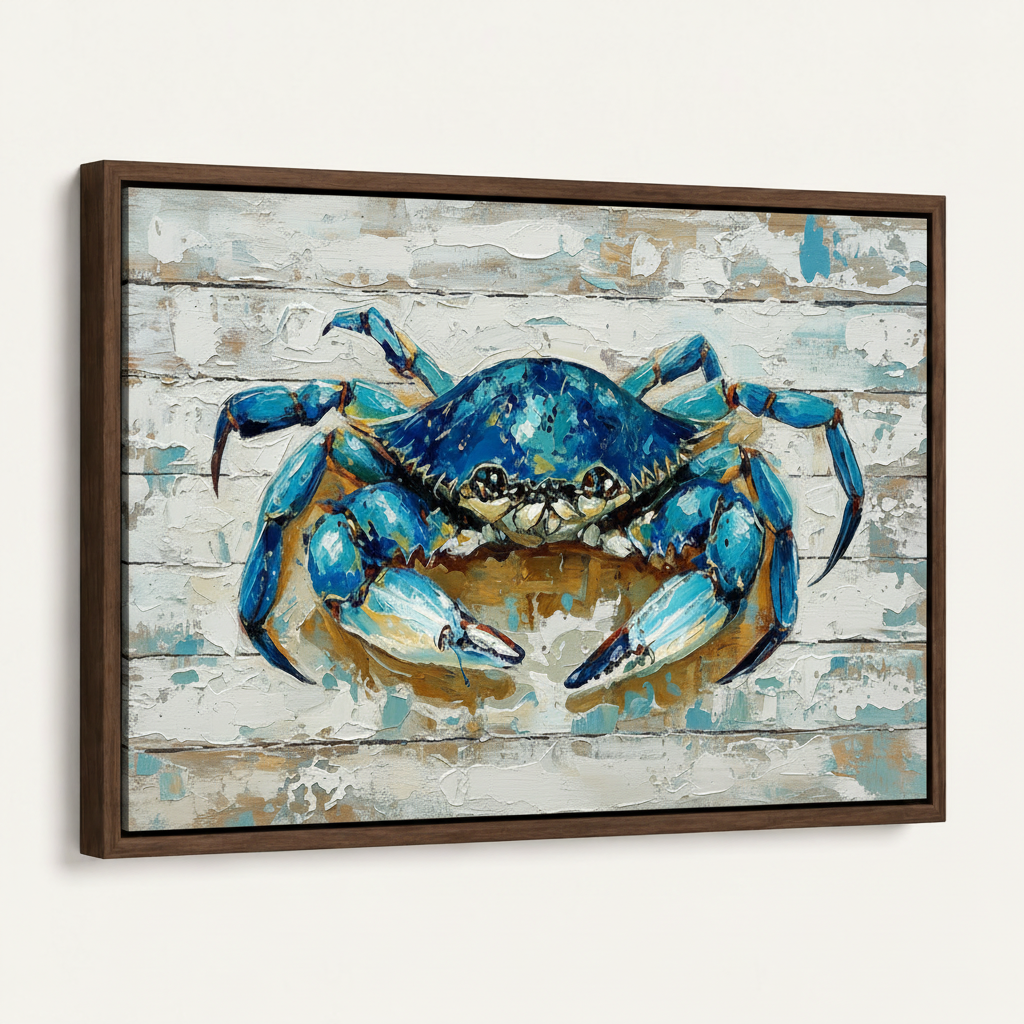 Blue crab oil painting canvas in dark walnut float frame, angled product view on white background