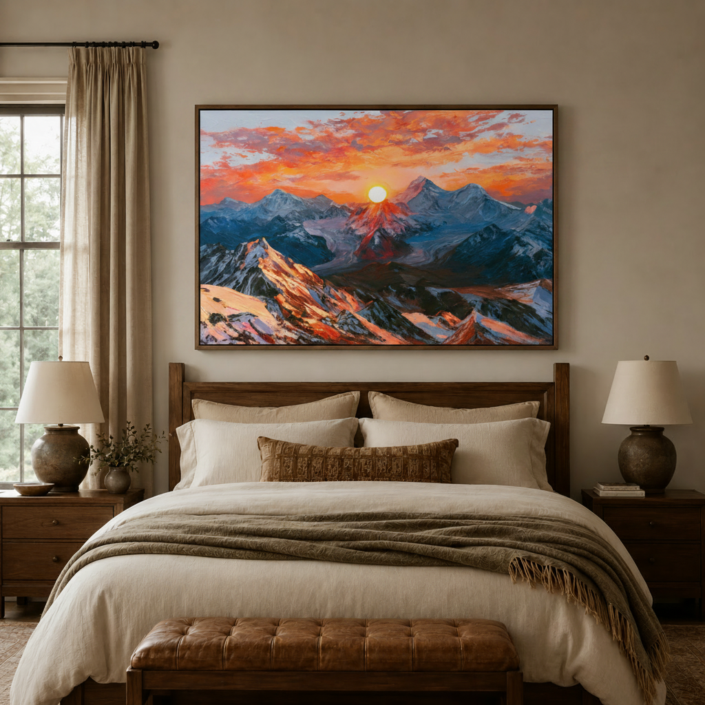 Alpine sunset impressionist painting above bed in cozy neutral-toned master bedroom