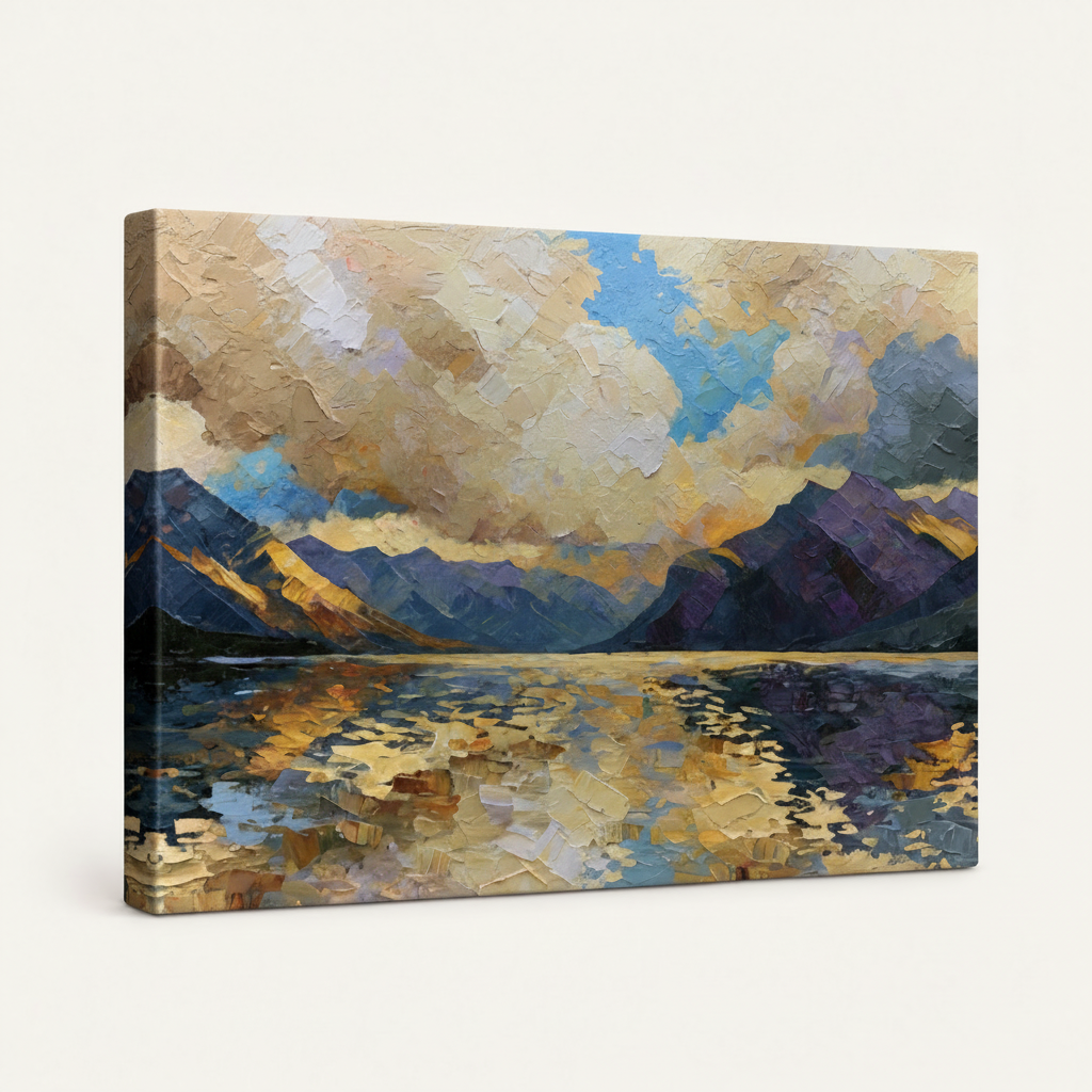 Gallery wrapped canvas side view showing textured impressionist mountain sunrise painting and wrap edge detail