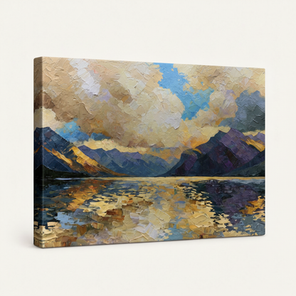 Gallery wrapped canvas side view showing textured impressionist mountain sunrise painting and wrap edge detail