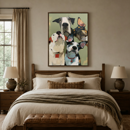 Expressive multi-dog portrait canvas print above wood-frame bed in cozy rustic master bedroom