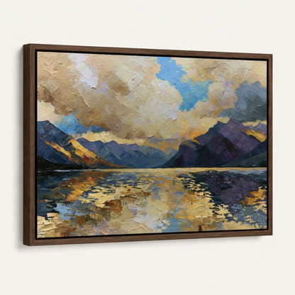 Dark walnut float frame canvas angled view showcasing impressionist alpine sunrise painting and frame depth
