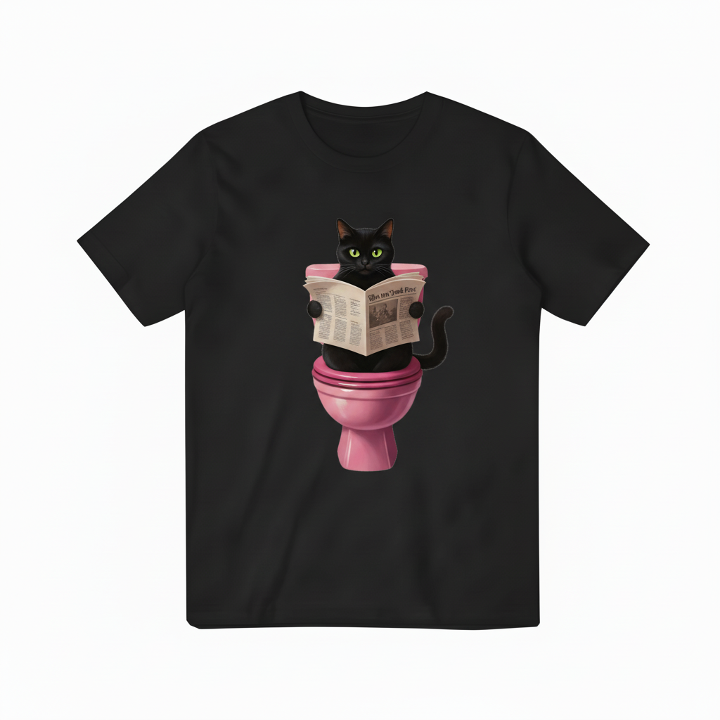 Black Cat Reading Newspaper Black T-Shirt