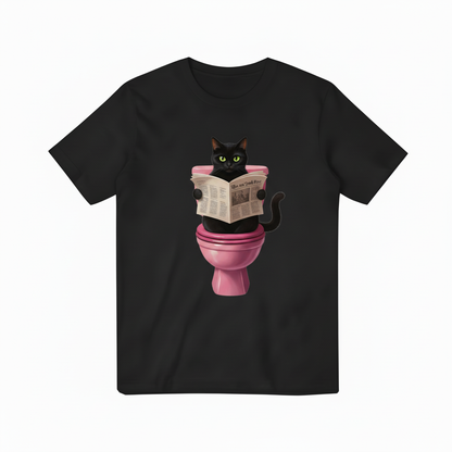 Black Cat Reading Newspaper Black T-Shirt