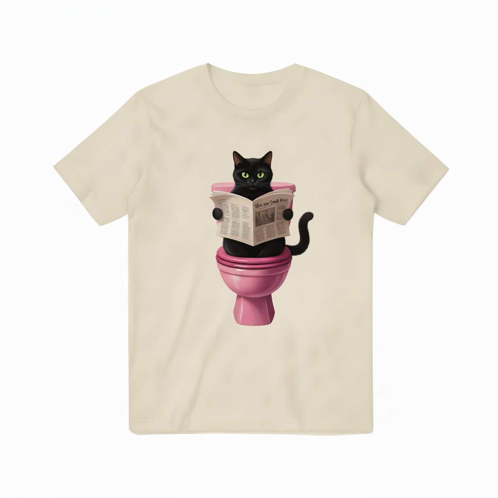 Black Cat Reading Newspaper Cream Beige T-Shirt
