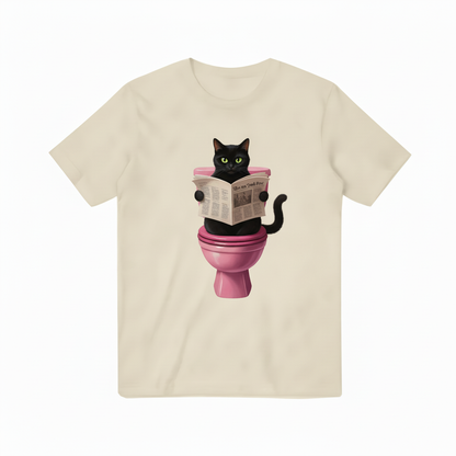 Black Cat Reading Newspaper Cream Beige T-Shirt