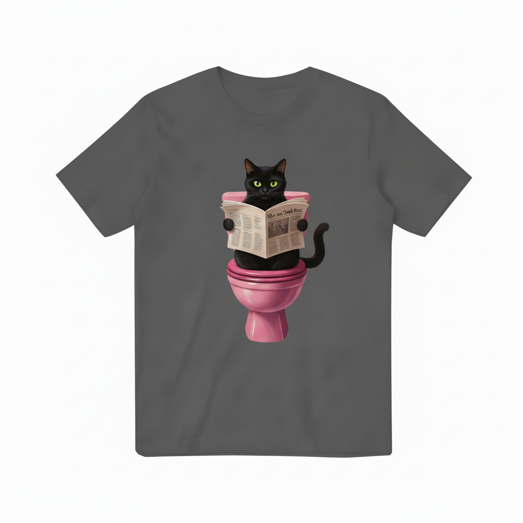 Black Cat Reading Newspaper Dark Gray T-Shirt