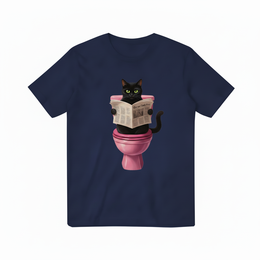 Black Cat Reading Newspaper Navy Blue T-Shirt