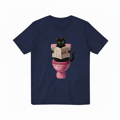 Black Cat Reading Newspaper Navy Blue T-Shirt