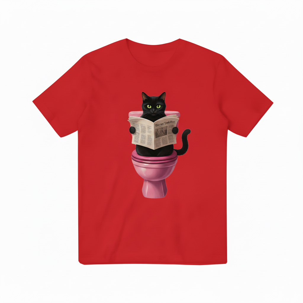 Black Cat Reading Newspaper Red T-Shirt