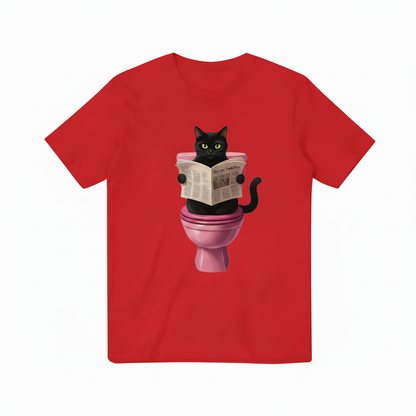 Black Cat Reading Newspaper Red T-Shirt