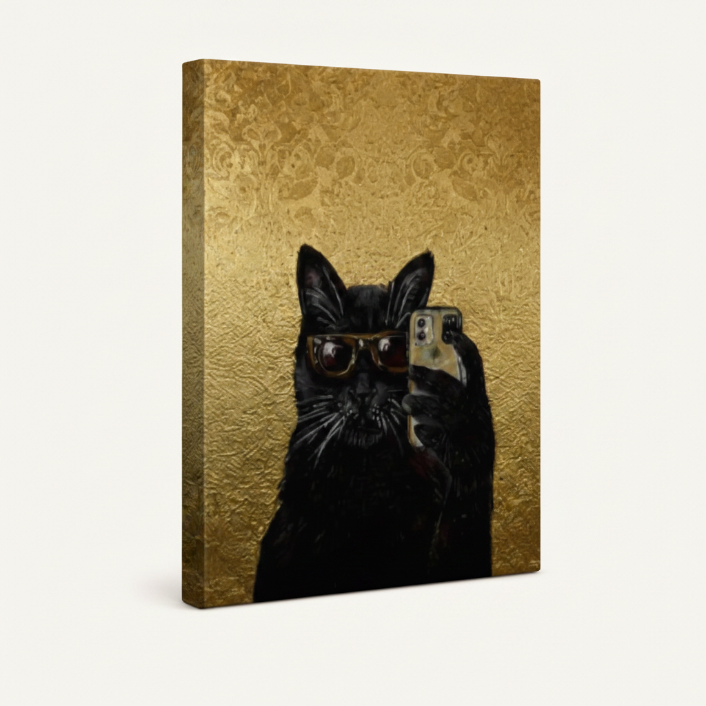 Gallery-wrapped canvas side view of dark glam black cat selfie portrait on rich gold embossed background
