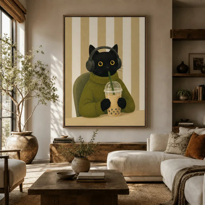 Cute boba cat with headphones framed wall art above sofa in a cozy neutral living room with wood shelving