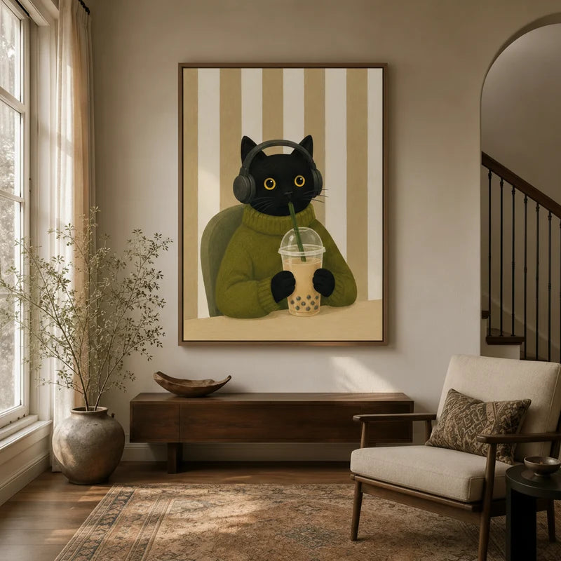 Black cat boba tea headphones canvas art displayed in a warm boho entryway with wood console and staircase