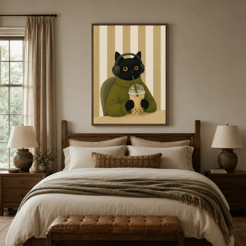 Black cat drinking bubble tea canvas art hanging above bed in a rustic bedroom with warm linen bedding
