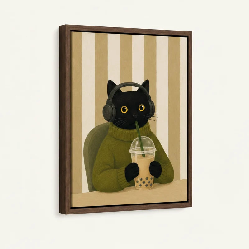 Angled product view of framed canvas — black cat in olive sweater sipping boba tea with walnut float frame