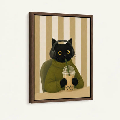 Angled product view of framed canvas — black cat in olive sweater sipping boba tea with walnut float frame
