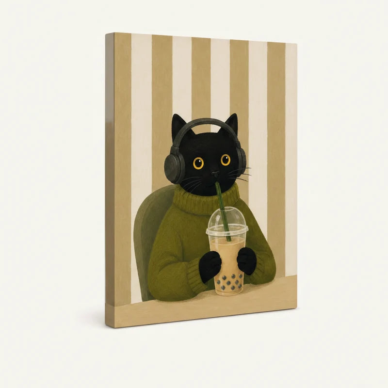 Angled product view of gallery-wrapped canvas showing black cat with headphones drinking bubble tea