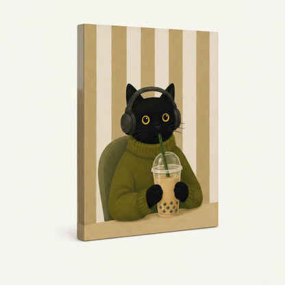 Angled product view of gallery-wrapped canvas showing black cat with headphones drinking bubble tea