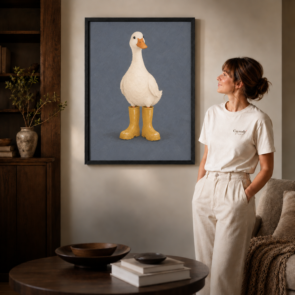 Duck in rain boots wall art in a black frame above a round coffee table and modern sofa