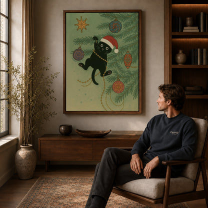 Christmas Cat canvas art above a wooden console beside a seated man in a warm room.