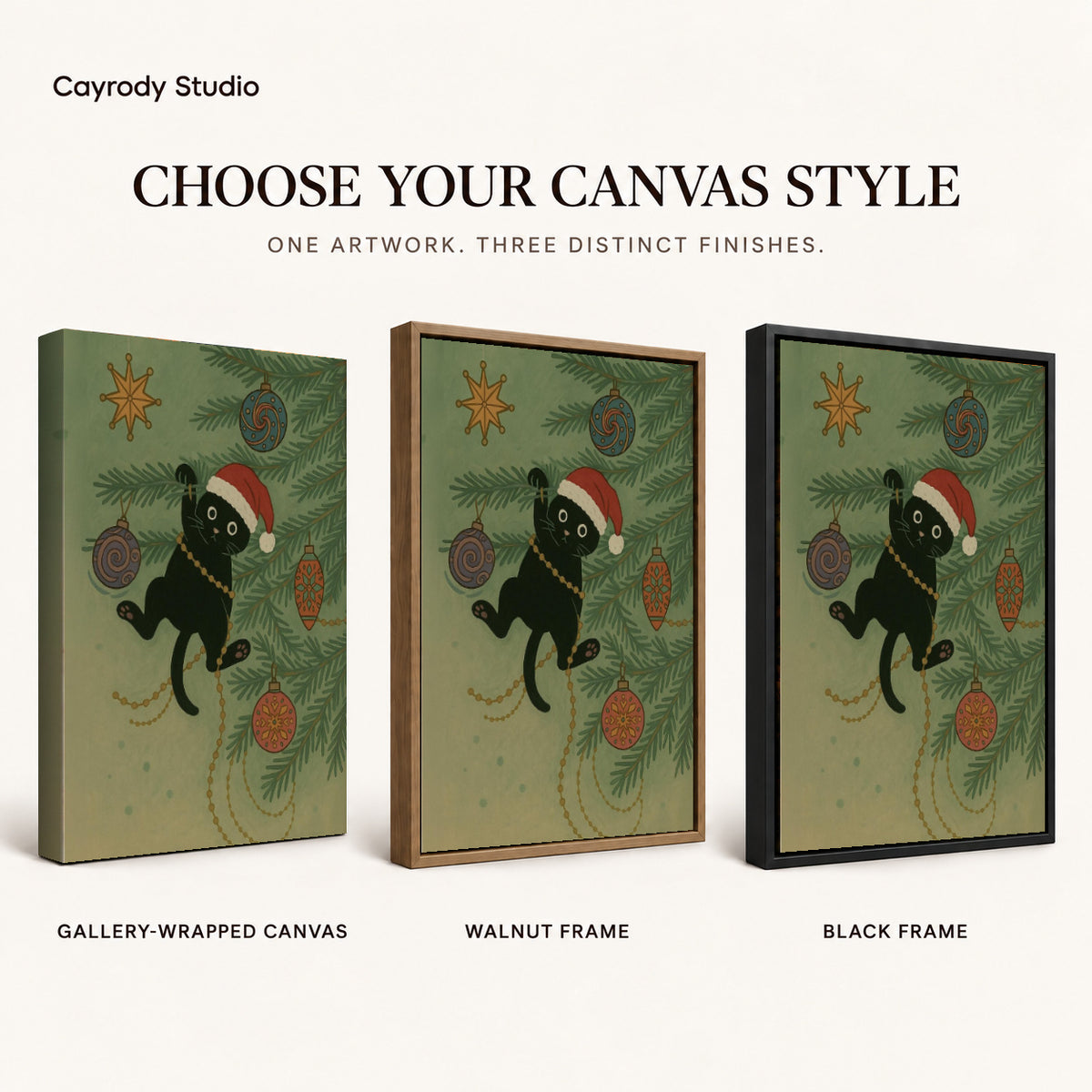 Christmas Cat canvas art comparing gallery wrapped canvas, walnut frame, and black frame finishes.