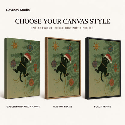 Christmas Cat canvas art comparing gallery wrapped canvas, walnut frame, and black frame finishes.