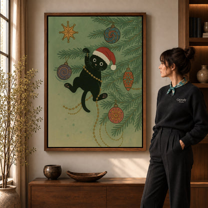 Walnut framed christmas cat canvas art shown beside a standing woman and a wooden console.