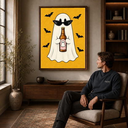 Party Ghost canvas art above a wooden console beside a seated man in a warm room.