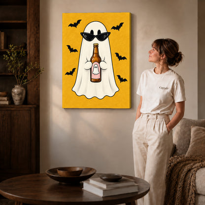 Party Ghost canvas art displayed as gallery wrapped canvas beside a woman in natural light.