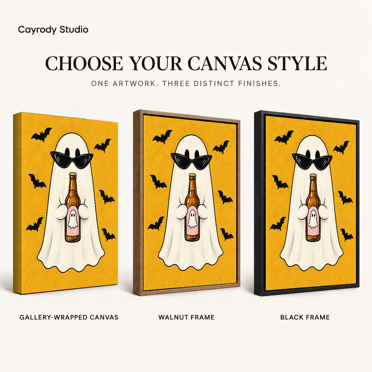 Party Ghost canvas art comparing gallery wrapped canvas, walnut frame, and black frame finishes.