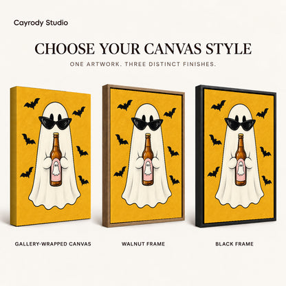 Party Ghost canvas art comparing gallery wrapped canvas, walnut frame, and black frame finishes.